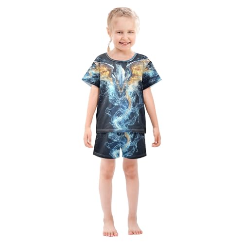 ALAZA Dragon Fantasy Blue Pajamas Set Short Sleeve Cotton Sleepwear Summer Pjs 2 Piece 5-14Y3