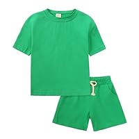 Completo Bambino Set di Abbigliamento Bambini 2 Pezzi in Cotone T Shirt Manica Corta Pantaloncini Elastici Completo Neonato Elegante Set Maglietta e Pantaloncini Bambini e (02 Dark Green, 2-3 Years)