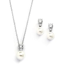 Mariell Pearl Wedding Necklace Earrings Set with CZ Crystal, Jewelry for Brides, Bridesmaid, Mothers Day