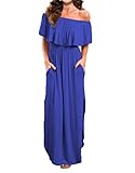 VERABENDI Women's Off Shoulder Summer Casual Long Ruffle Beach Maxi Dress with Pockets,Royal Blue,L