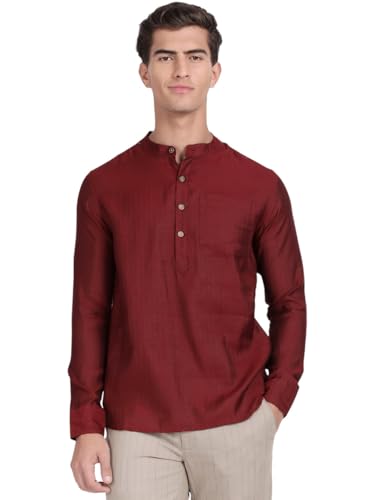 Image of KRYPTIC Men's Full Sleeve Regular Fit Short Kurta in Premium Pure Cotton with Patch Pocket and Mandarin Collar - Perfect Blend of Style and Comfort