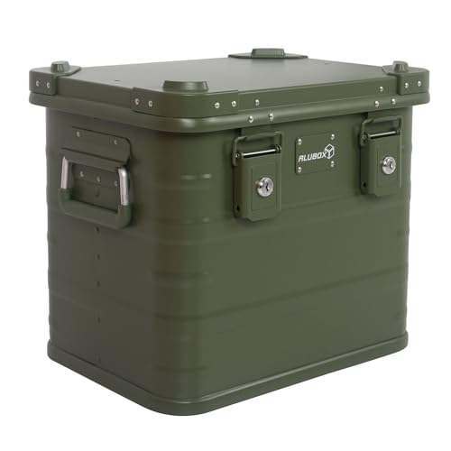 Alubox Alukiste abschließbar E31G OLIVGRÜN - Premium Lagerbox 31 Liter - Materialstärke 1mm - Deckel mit Aluminium Druckguss Stapelecken und...