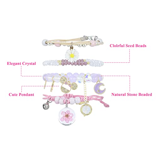 Image of 4 Pcs Beaded Cute Bracelets for Teen Girls Women, Dainty Cute Cartoon Crystal Beads Pearl Stretch Charm Handmade Adjustable Anklets Bracelet Set Birthday Gift for Friends