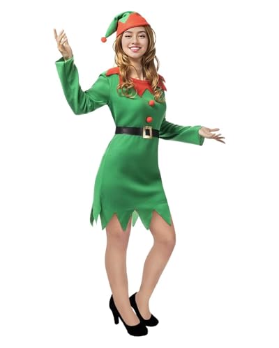 Funidelia Disfarce de elfa duende para mulher, inclui vestido, gorro e cinto, Natal - fato para adultos para festas, carnaval e Halloween - tamanho M