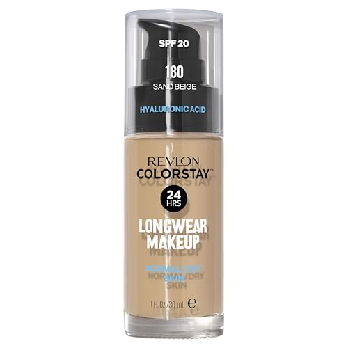 REVLON – ColorStay Makeup, Base de Maquillaje SPF 20 con Ácido Hialurónico, Sin Aceites, 24 h de Duración, Acabado Natural, Resistente al Agua, para Piel Normal y Seca, Tono 180, Sand Beige – 30 ml