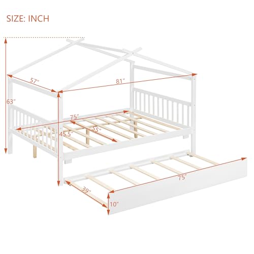 Image of Full Size Creativity House Bed with Roof Frame and Twin Size Trundle, Montessori Wooden Platform Bed with Sturdy Slats Support for Kids Teens Girls Boys, No Box Spring Needed (White-02, Full)