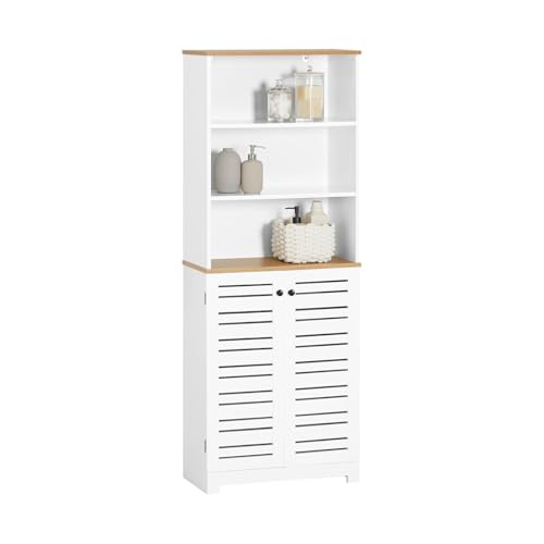 SoBuy Badezimmerschrank Schmaler – Badezimmer Hochschrank 30cm mit verstellbaren Ablagen – Badmöbel Große Kapazität aus Holz Feuchtigkeitsresistent, für Küche, Wohnzimmer, Weiß, 60x160x30cm, BZR44-W
