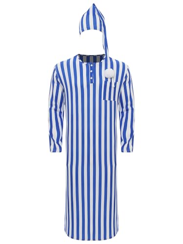 Men's Soft Loose Sleepwear Striped Long Sleeve Nightshirt with Sleeping Cap Pajama Set3