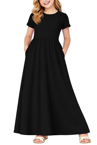 Image of Deerose Girls Maxi Dress Short Sleeve Casual Long Dresses with Pockets 5-14 Years