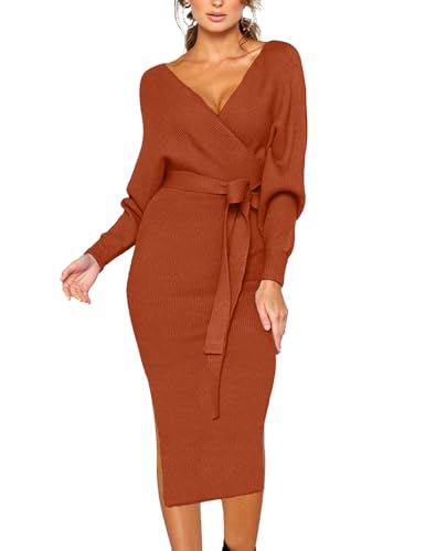 CHERFLY Women's V Neck Sweater Dresses Batwing Long Sleeve Backless Bodycon Long Dress with Belt