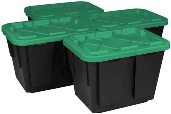Tough 12 Gallon Plastic Storage Bin with Snap Lid, Stackable, Lockable, Set of 4, Heavy-Duty, Durable, Multi-Purpose Storage Containers for Indoor & Outdoor Use (Black and Green)