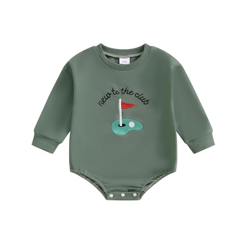 PUHHAPIEY Baby Boy Fall Winter Outfit New To The Club Golf Embroidery Long Sleeve Sweatshirt Bubble Romper Newborn Bodysuit (Green 3-6 Months)