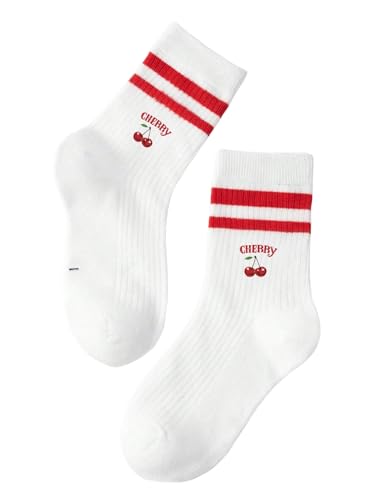 SHENHE Kid's Crew Socks Stripes Cherry Print Breathable Sports Athletic Mid Calf Socks for Boys Girls