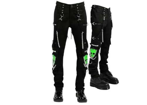 Unisex Slim Gothic Pant | Green Super Skull Gothic Cyber Chain Goth Jeans Punk Rock Pants | Skull Gothic Pant
