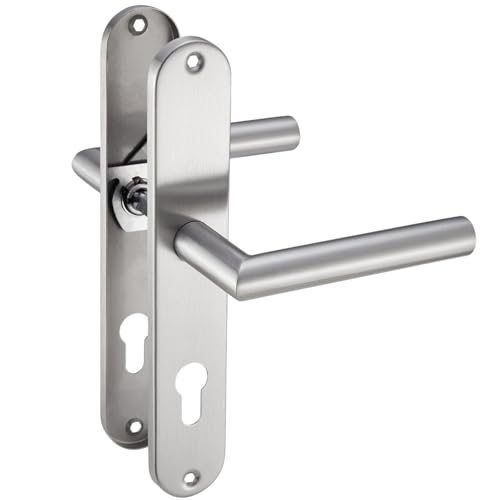 Stahlia Drückergarnitur Langschild Renovierungsgarnitur Edelstahl gebürstet EMILIA | PZ - Profizylinder | Türbeschlag für Zimmertüren, Eingangstüren für Türstärke 20 – 47 mm | Befestigungsmaterial