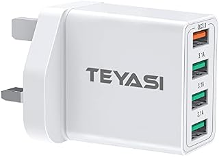 USB Plug Fast Charge Plug,4-Port Multi USB Charger Plug Adapter UK 33W with 18W Quick Charge 3.0 Wall Charger Fast Charging for iPhone 12 11 Pro Max XS 8 7 6s,Samsung S22 S21 S20 S10 S9 S8 A13 A53