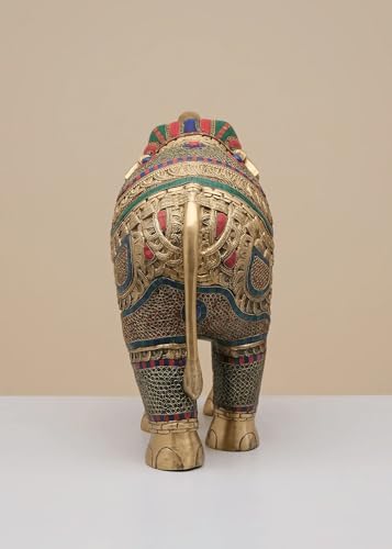 Image of Grand Brass Elephant Statue | Heavy Decorative Sculpture with Intricate Inlay Work | Solid Statement Piece for Luxury Interiors Entryway Accent and Gifting | Height 29 Inches