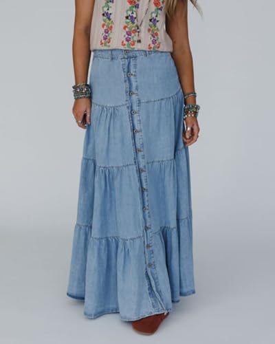 SCOFEEL Women's High Waist Denim Long Skirt Button Down Pleated A-Line Flowy Loose Ruffle Tiered Maxi Skirts3