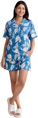 BLACK TEETAR Women Pajama Set Printed Cord-Set Night Suit Set of Shirt & Shorts Set Women Night Wear Set, (Blue, M)
