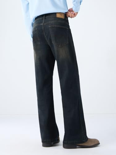 Image of The Souled Store Raw Static Men and Boys Zippered Dark Blue Washed Stretch Cotton Blend Bootcut Fit Stretchable Lightweight Everyday All-Season Durable Comfortable Bootcut Denim Jeans