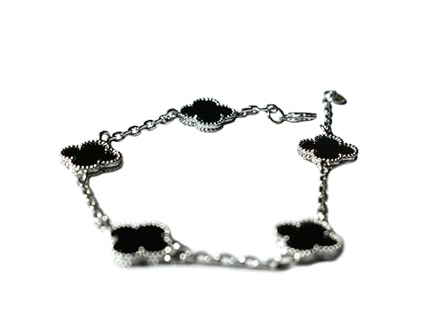 DIVA'S Mother of Pearl-Onyx-Shell Pearl 14mm Single or 5 Clover Adjustable Bracelet 18K Gold Plate