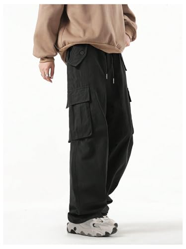 OYOANGLE Men's Cargo Pants Drawstring Waist Flap Pocket Straight Leg Trousers Streetwear4