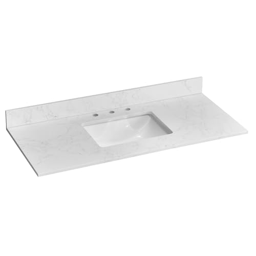 LOCALAND 48x22 Vanity Top with Sink, Belly White Engineered Stone Counter Top with Middle Undermount Sink& Backsplash,8in. Faucet Hole Spacing Vanity Sink Top