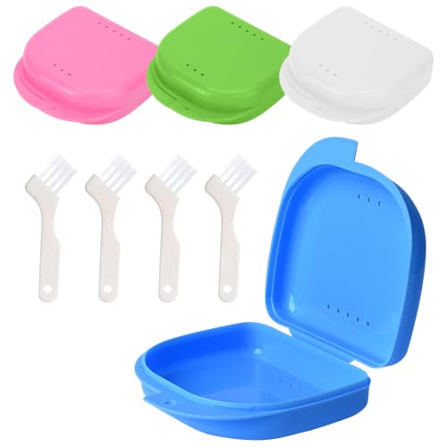 Jdacla® Pack 4 Cajas para Férula Dental + 4 Minicepillos de Regalo/Cajas de Ortodoncia Ventiladas de PP de Calidad/Cajas Invisalign de Diferentes Colores (ROSA/BLANCO/AZUL/VERDE)