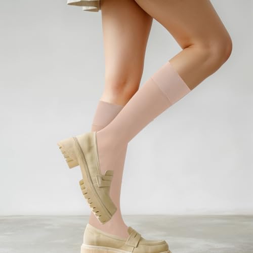 Image of 6 Pairs Sheer Nylon Ankle Socks Nude Crew Stocking for Women Thin See Through Calf High Silk Trouser Socks with Reinforced Toe For Women Girls One Size (Black Nude)