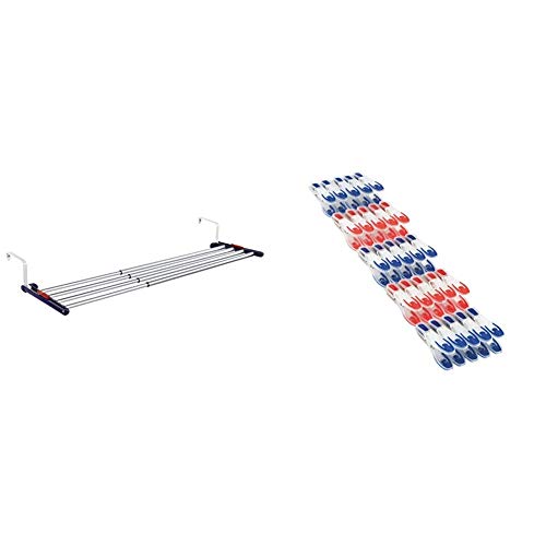 Leifheit Tendedero Colgante Quartett 42, tendedero Extensible de Aluminio, tendedero de Ropa Apto para Uso en Interiores y Exteriores + Pinzas Colada 25U 1085660, Azul, Rojo, Color Blanco, A