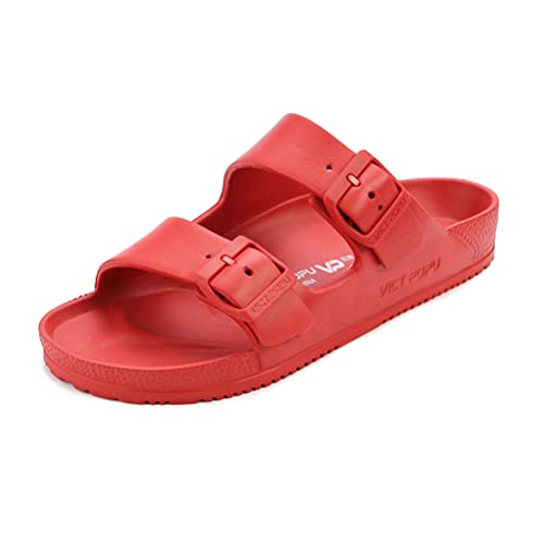VICT POPU Womens Sandals Adjustable Double Buckle Strap Waterproof EVA Flat Slides RED 9