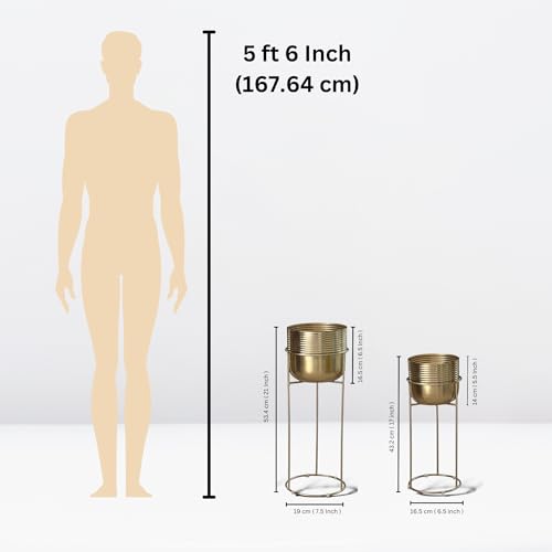 Image of Decorative Ribbed Gold Planters with Stands for Indoor Plants | Electroplated Gold Metal Planters for Living Room Bedroom Balcony Home and Office | Set of 2