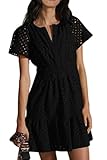 utcoco Lace Eyelet Mini Dress for Women 2025 Casual V Neck Short Sleeve Smocked Waist Tiered Boho Sun Dresses (Medium, Black)