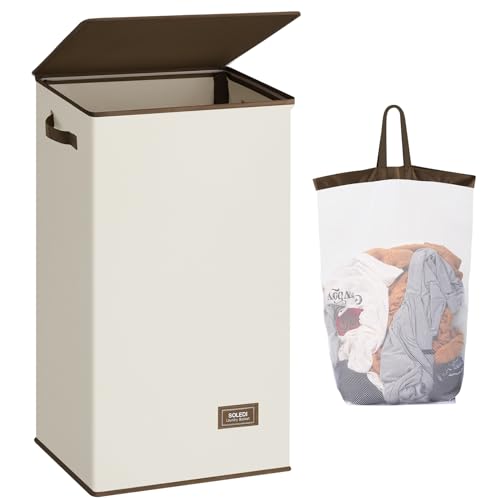 SOLEDI Laundry Basket with Lid Large Laundry Hamper, Washing Baskets for Laundry with Inner Bag and Handles - Foldable Laundry Baskets for Bedrooms - Dirty Clothes Laundry Bin (White-100L)