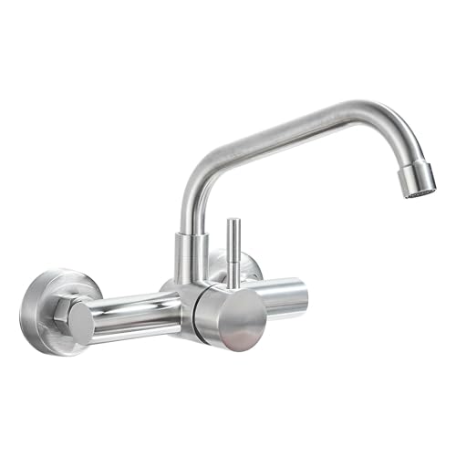 Saeuwtowy Grifo Cocina de Pared 15 cm Orificio de Montaje, Grifería de Mezclador Monomando de Acero Inoxidable 304, Grifería de Fregadero Rotación de 360​°, Agua Fría y Caliente, Plateado