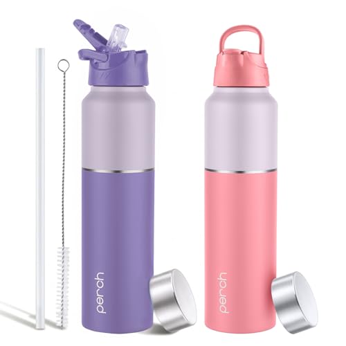 Image of Perch Magic Stainless Steel Water Bottle 1 Ltr Set of 2 | ISI Certified | Single Wall Fridge Bottle | Sipper Cap & Straw Cleaner | BPA Free | for Home, School, Office, Gym & Travel | Crafted by Pexpo
