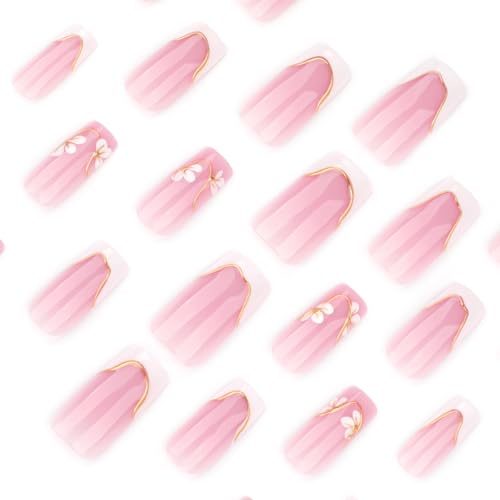 Image of 24Pcs White French Tip Press on Nails Flower Fake Nails with 3D Gold Line Design Medium Square Stick on Nail Glossy Full Cover Nail for Women Manicure