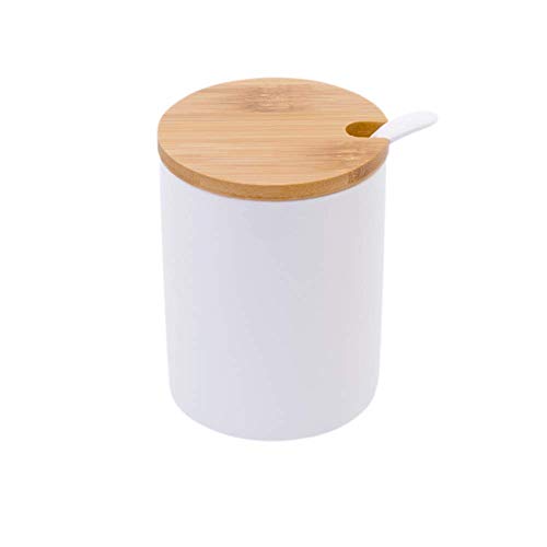 Porcelain Sugar Bowl with Spoon, Lucky Goddness 10.8 FL OZ Ceramic White Spice Jar with Bamboo Lid Container Condiment Pot Serving for Sugar Salt Pepper