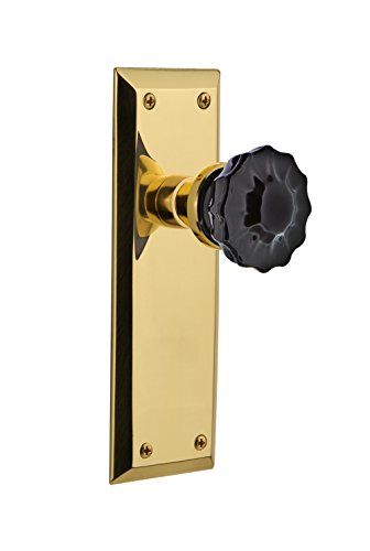 Nostalgic Warehouse 727276 New York Plate Privacy Crystal Black Glass Door Knob in Unlaquered Brass, 2.75