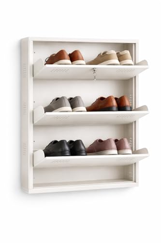 Image of 3 Door Wall Mounted Metal Shoe Rack with Lock | Foldable Shoe Cabinet | Space Saving Shoe Organizer for Home | Ventilated Steel Shoe Stand Holds 9 -18 Pairs (White)