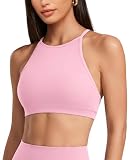 ZAAYO Sujetador deportivo para mujer, espalda abierta alta, sujetador de fitness, cuello acolchado y tirantes ajustables, camiseta de yoga, camiseta de entrenamiento, soporte medio, Rosa., S