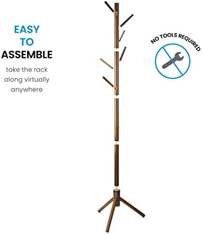 High-Grade Wooden Tree Coat Rack Stand, 6 Hooks - Super Easy Assembly NO Tools Required - 3 Adjustable Sizes Free Standing Coat Stand, Hallway Coat Hanger Hat Stand, for Handbag, Clothes & Accessories