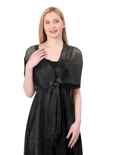 Image of Stoles for Evening Dress with Buckle, Fringes - Polyester Blend, Shimmer Stole Wraps for Weddings, Party | Women's Clothing