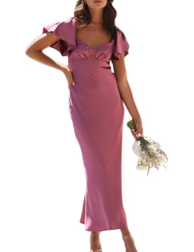 Image of VUBIYA Women's Summer Satin Midi Dress Flutter Sleeve Wedding Guest | Silk,Sweetheart Neckline with Cut Out Bust,Open Back Tie Detail,Elegant Formal,Cocktail Party,Bridesmaid,Vacation,Date Night
