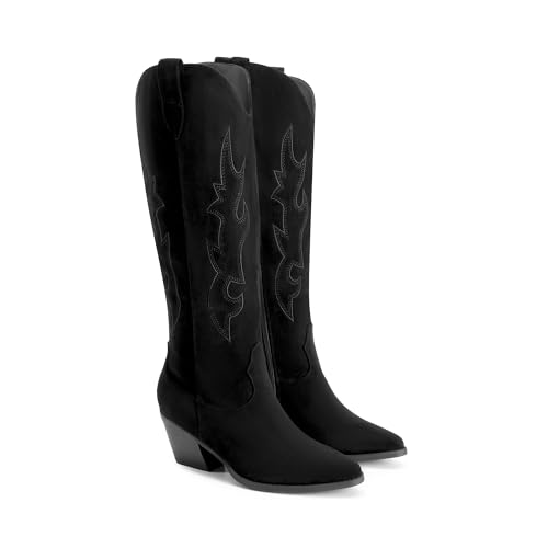 DREAM PAIRS DREAM PAIRS Cowgirl Boots Women Knee High Cowboy Boots Pointed Toe Chunky Block Heel Suede Tall Western Boots with Embroidered,Size 7,Black,SDKB26001W