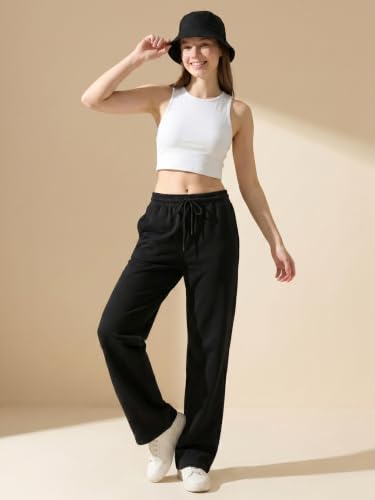 Image of BLINKIN Women's Wide Leg Track Pants | High Waist Cotton Lowers with Side Pockets | Full Length Activewear for Gym, Yoga, Workout & Dance (trk-519)