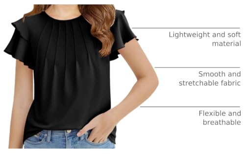 Image of Haloumoning Girls Pleated Ruffle Short Sleeve Shirts Kids Summer Crewneck T-Shirts Fashion Tops Tees 5-14 Years