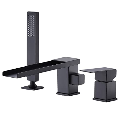 Waterfall Roman Tub Faucet with Sprayer Modern Bathtub Faucet Black, Widespread 3-Holes Single Handle Deck Mount Bath Faucet for Tub Waterfall Roman Tub Faucet with Sprayer Modern Bathtub Faucet Black, Widespread 3-Holes Single Handle Deck Mount Bath Faucet for Tub