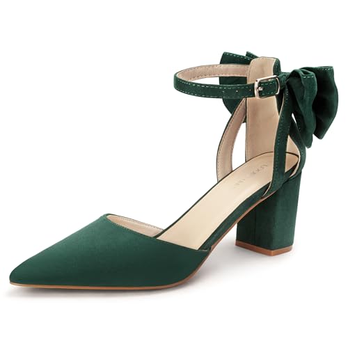LOOPCHARM Womens Closed Pointed Toe Heels with Bow Low Chunky Block Heel Ankle Strap D'Orsay Pumps Bridal Wedding Dress Shoes,Green SU,7