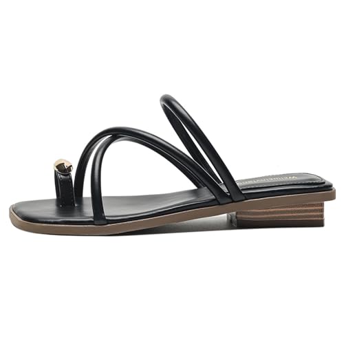 Women's Metal Toe Ring Strappy Flat Sandals Square Open Toe Comfortable Slip-On Low Heel Slide Sandals Summer Fashion Casual Beach Slipper2